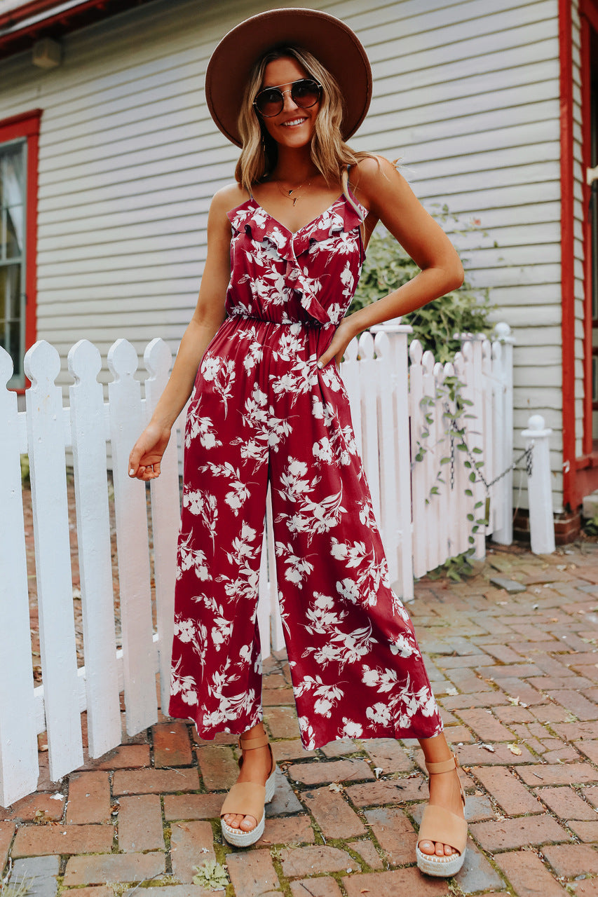 Sexy V neck Strap off the Shoulder Floral One Piece Trousers Multi Color Loose Backless Body Clothes