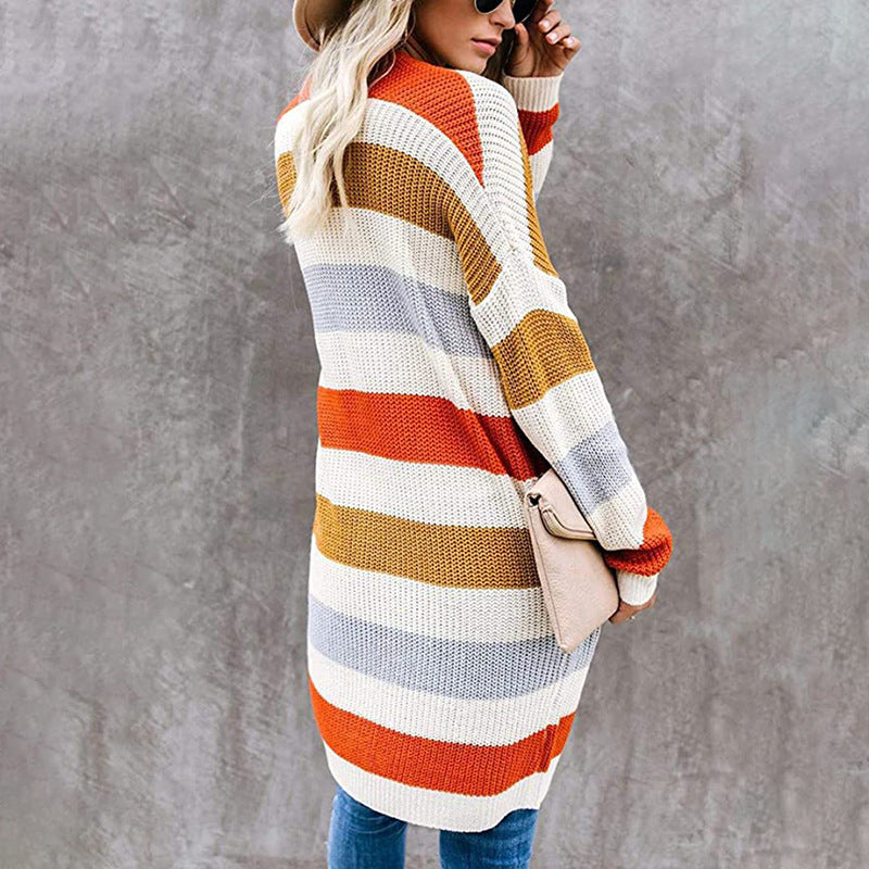 Striped Stitching Sweater Cardigan Women Autumn Winter New Long Color Matching Pocket Knitted Cardigan