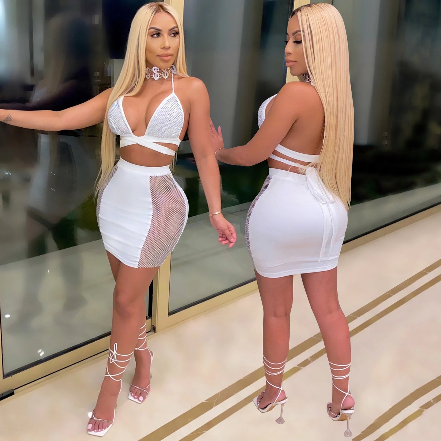 New Fashion Nightclub Skirt Drilling Criss Cross Strap Backless Two Piece Set