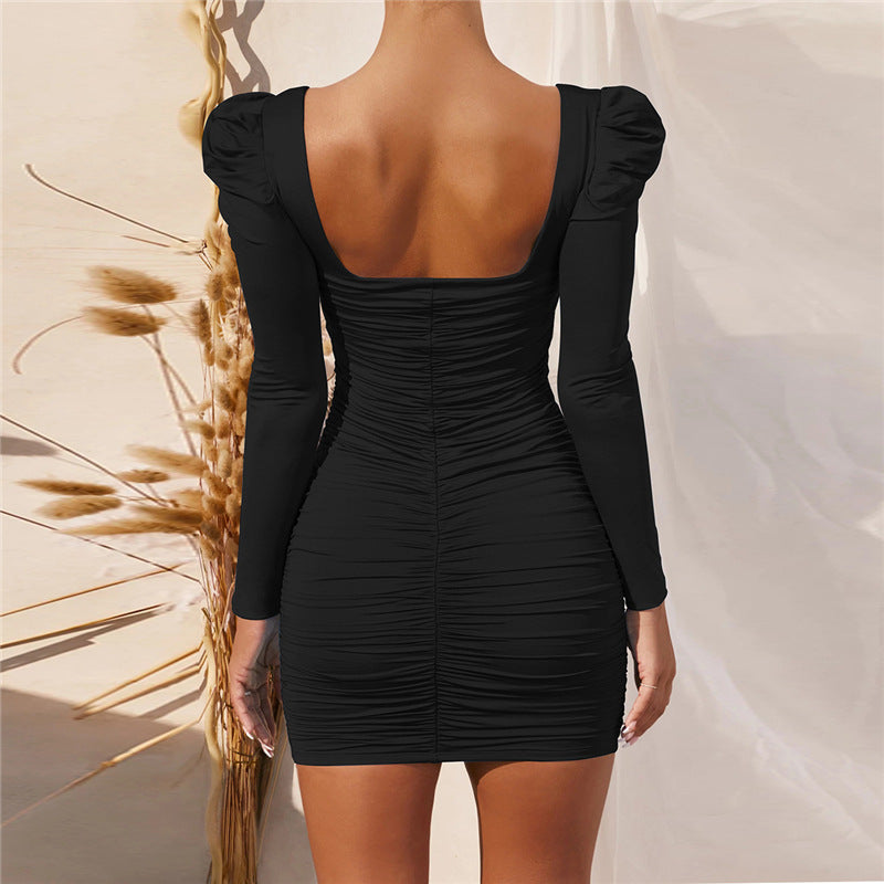 Autumn Winter New Sexy Backless Pile Shoulder Long Sleeve Dress Women Clothing Hip