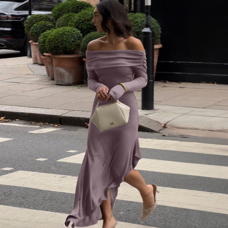 Women Clothing Autumn Winter off Shoulder Long Sleeve Slim Solid Color Irregular Asymmetric Dress
