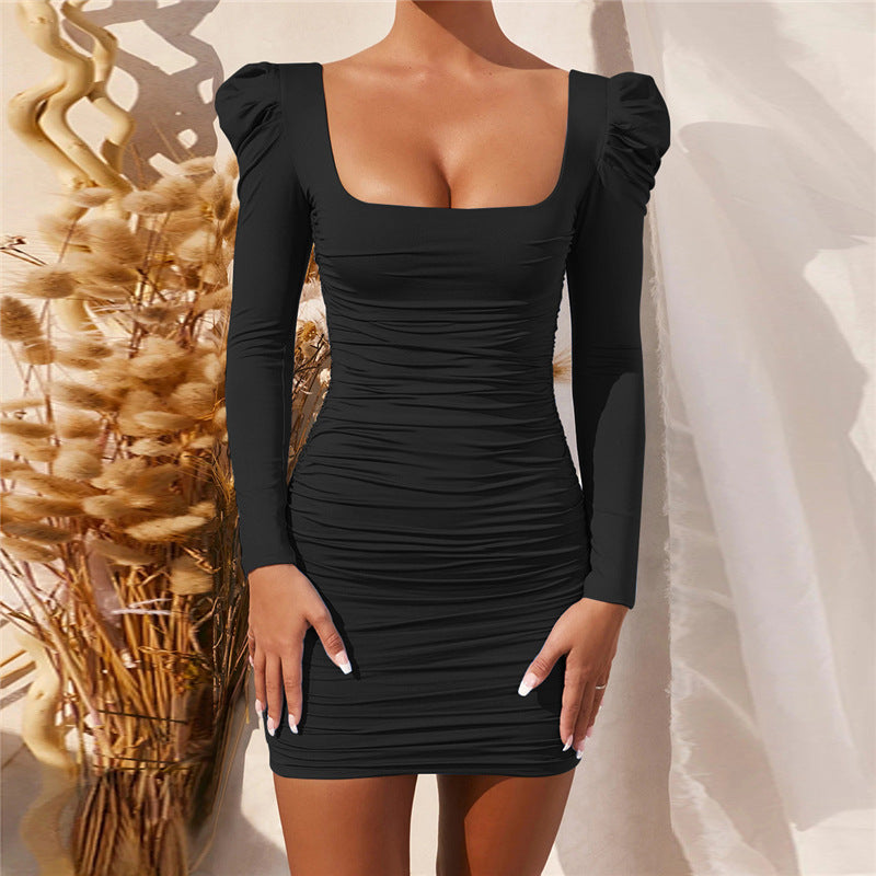 Autumn Winter New Sexy Backless Pile Shoulder Long Sleeve Dress Women Clothing Hip
