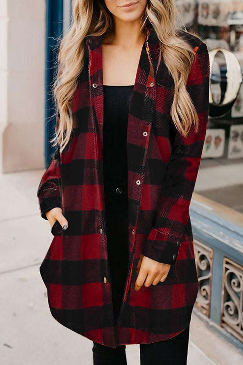 Plaid Shirt Women Mid Length Long Sleeve Women Coat Plaid Shirt Top Shacket