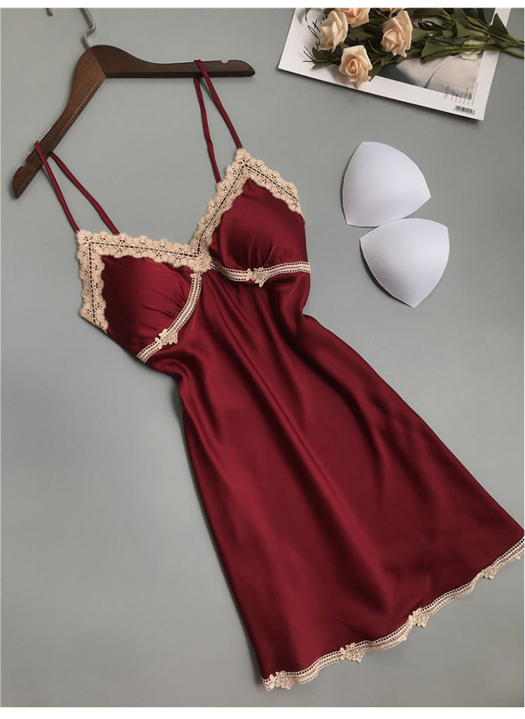 Spring Summer Silk Sexy Lace Backless Pajamas Small Chest Push Up Sling Chest Pad Ice Silk Nightdress Women Autumn