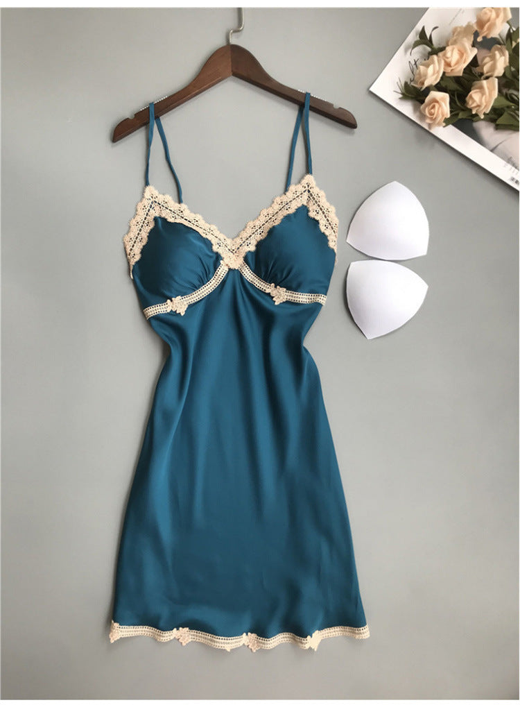 Spring Summer Silk Sexy Lace Backless Pajamas Small Chest Push Up Sling Chest Pad Ice Silk Nightdress Women Autumn