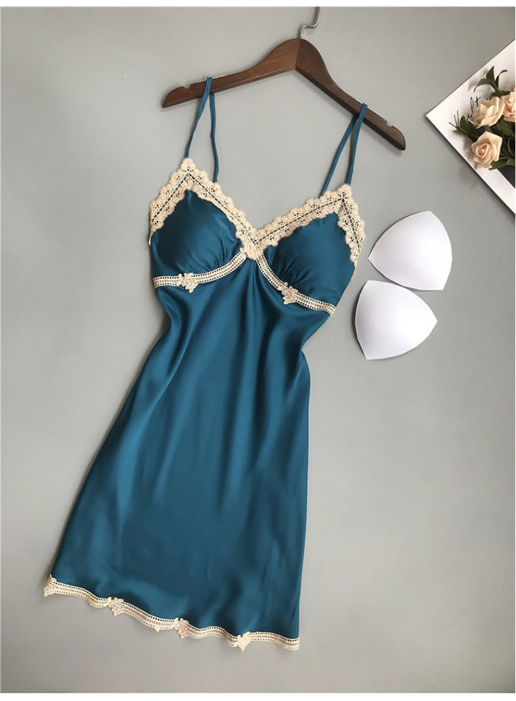 Spring Summer Silk Sexy Lace Backless Pajamas Small Chest Push Up Sling Chest Pad Ice Silk Nightdress Women Autumn
