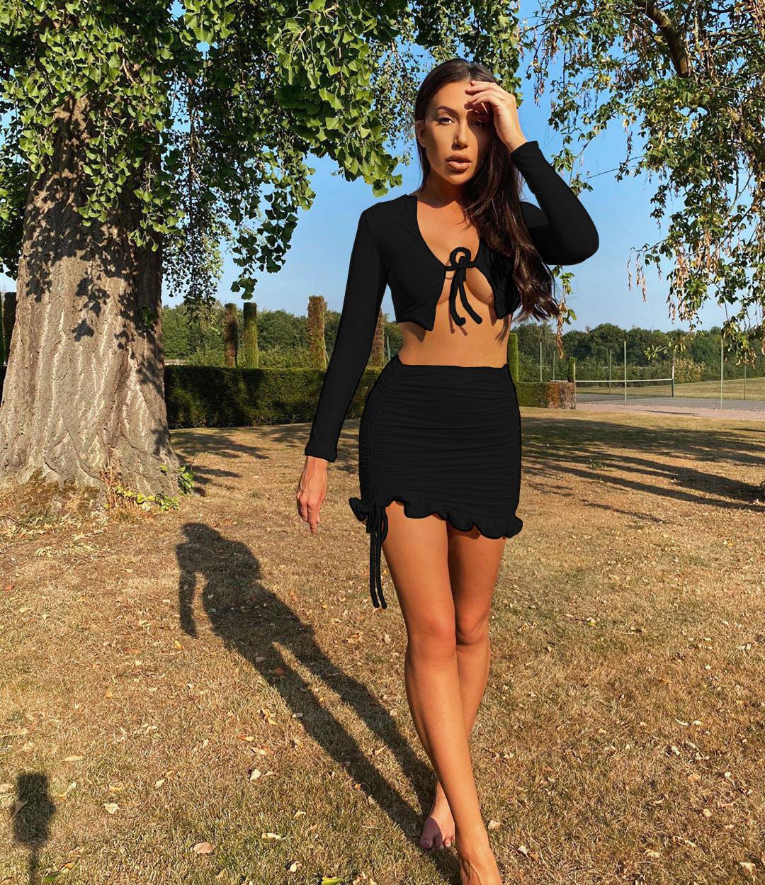 Women Clothes Autumn Winter Sexy Ruffles Lace-up Pleating Two-Piece Dress