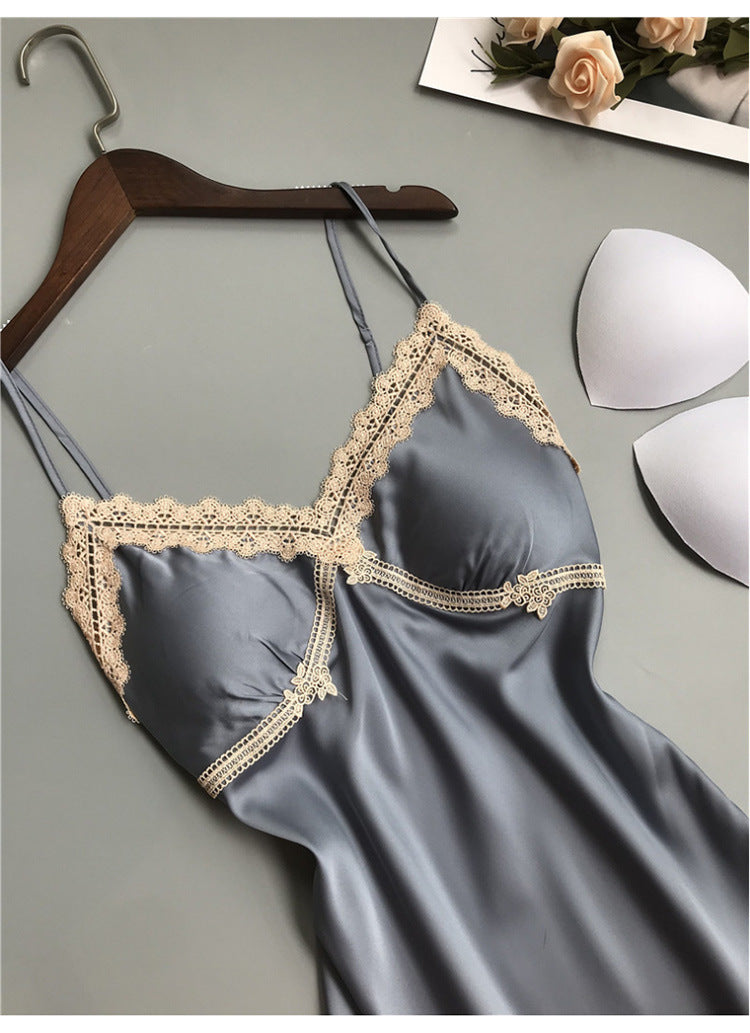 Spring Summer Silk Sexy Lace Backless Pajamas Small Chest Push Up Sling Chest Pad Ice Silk Nightdress Women Autumn