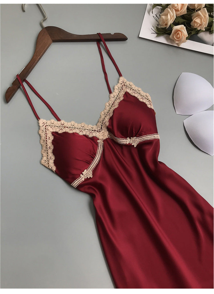 Spring Summer Silk Sexy Lace Backless Pajamas Small Chest Push Up Sling Chest Pad Ice Silk Nightdress Women Autumn