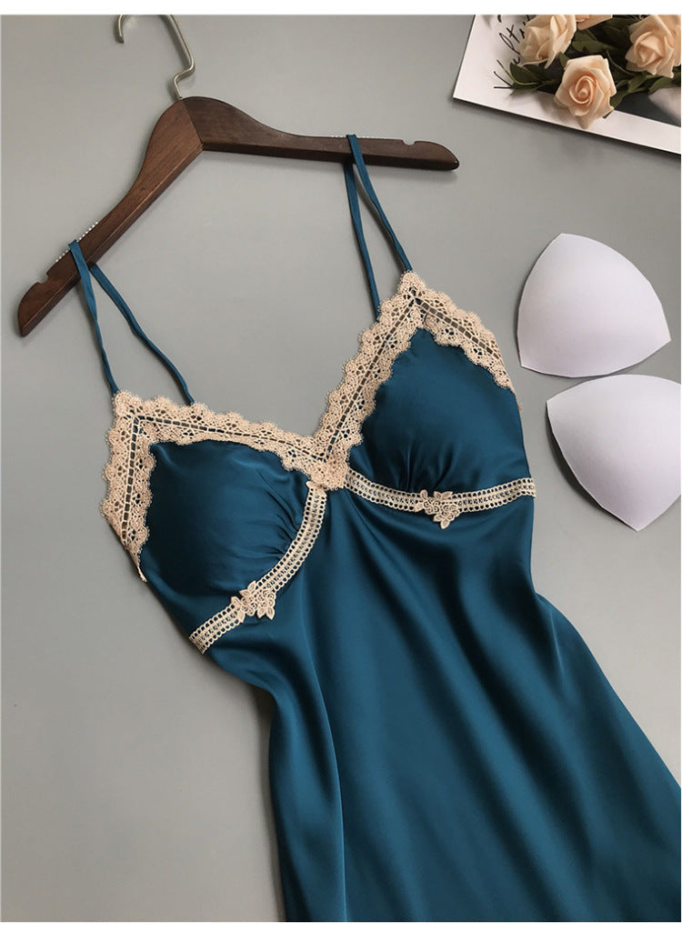 Spring Summer Silk Sexy Lace Backless Pajamas Small Chest Push Up Sling Chest Pad Ice Silk Nightdress Women Autumn