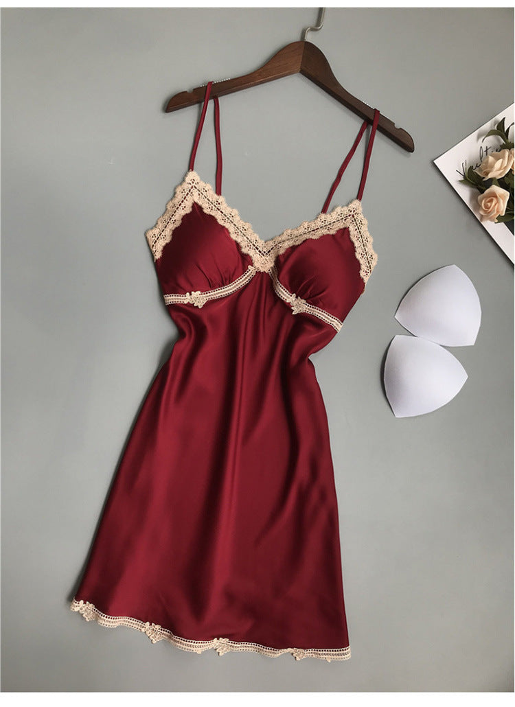 Spring Summer Silk Sexy Lace Backless Pajamas Small Chest Push Up Sling Chest Pad Ice Silk Nightdress Women Autumn
