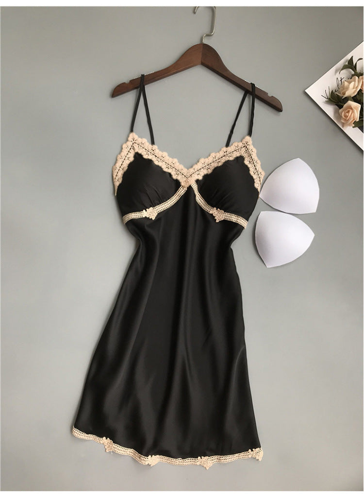 Spring Summer Silk Sexy Lace Backless Pajamas Small Chest Push Up Sling Chest Pad Ice Silk Nightdress Women Autumn
