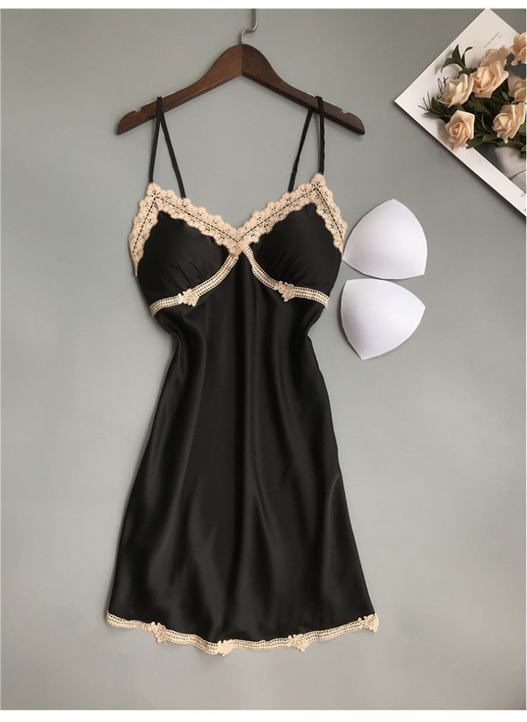Spring Summer Silk Sexy Lace Backless Pajamas Small Chest Push Up Sling Chest Pad Ice Silk Nightdress Women Autumn