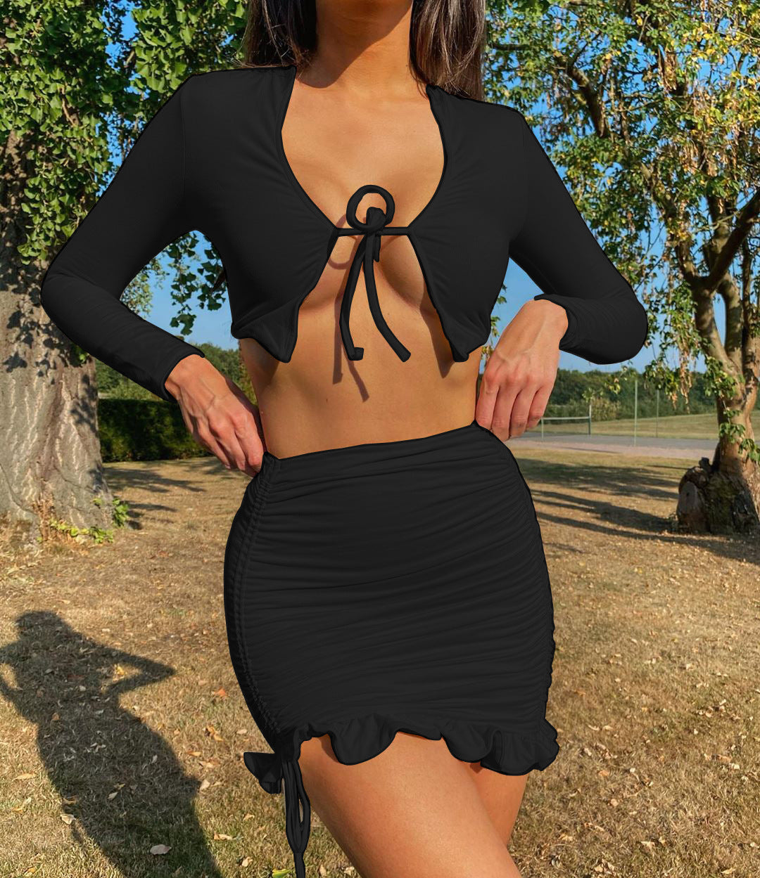 Women Clothes Autumn Winter Sexy Ruffles Lace-up Pleating Two-Piece Dress