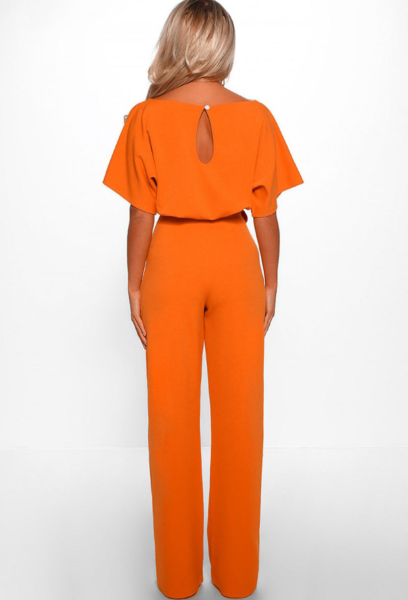 Women Clothing Summer Button Lace-up Short Sleeved Jumpsuit