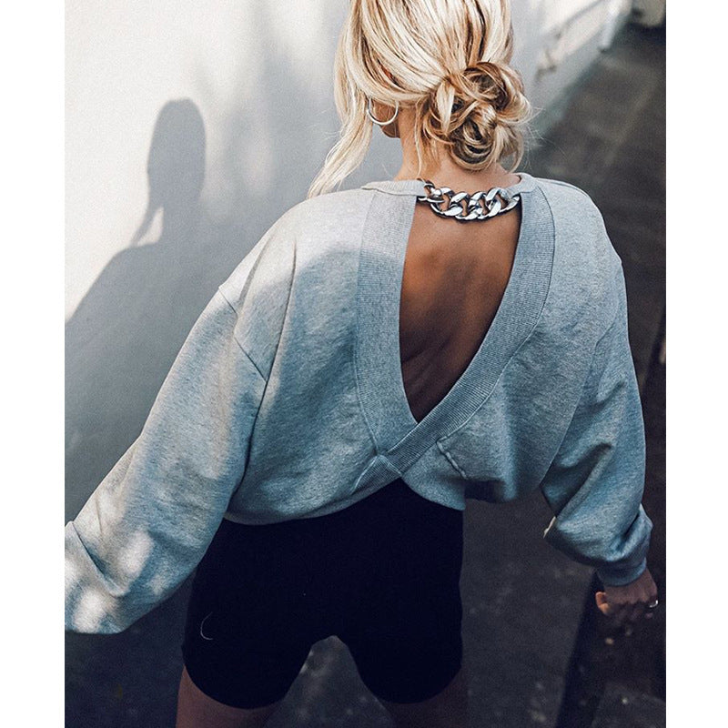 round Neck Loose Top Backless Chain Sports Long-Sleeved T- for Women Sweatshirt