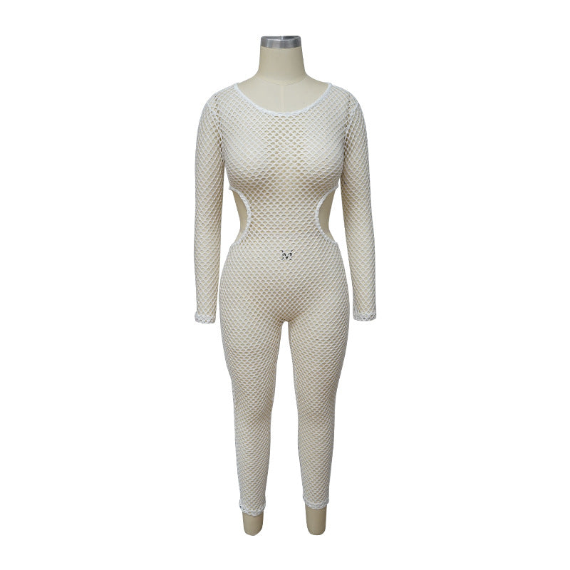 Long Sleeve Sunken Stripe Wide Leg High Elastic Jumpsuit