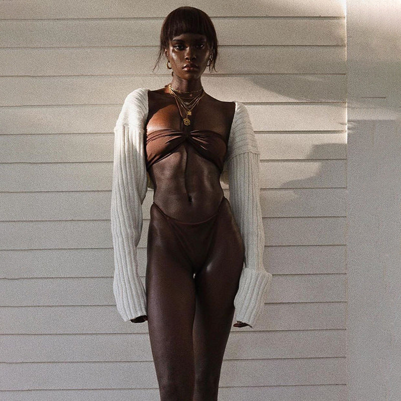 Autumn Woolen Top Sexy All-Matching Ultra Short Long Sleeve Sweater Coat