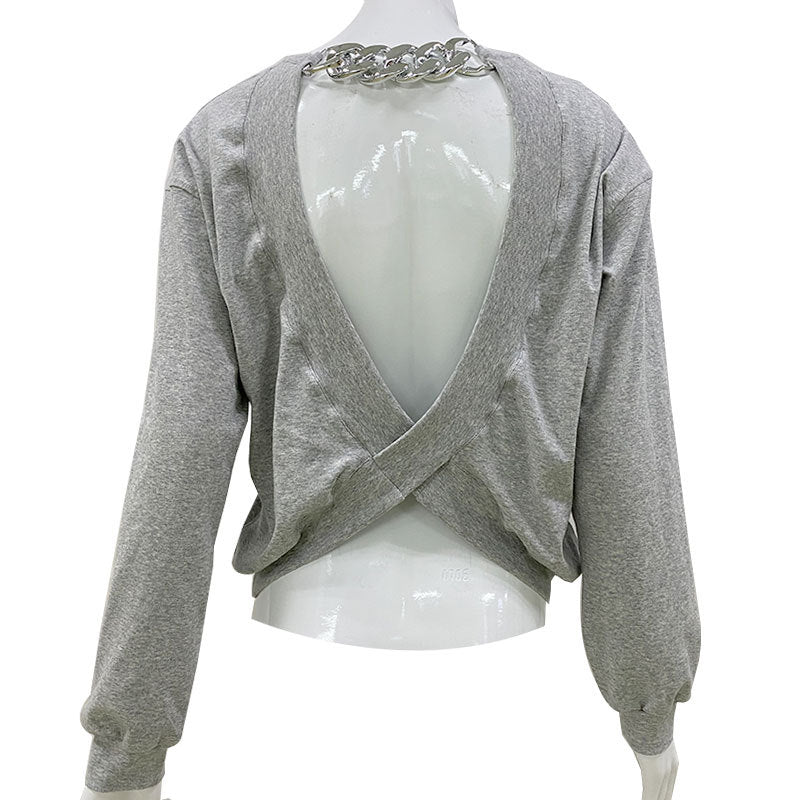 round Neck Loose Top Backless Chain Sports Long-Sleeved T- for Women Sweatshirt