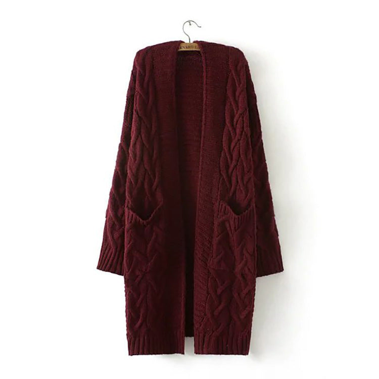 Women Clothing Autumn Winter Twist Knitted Sweater Cardigan Mid-Length Coat