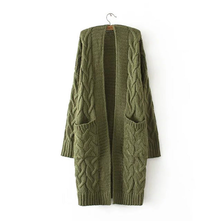 Women Clothing Autumn Winter Twist Knitted Sweater Cardigan Mid-Length Coat