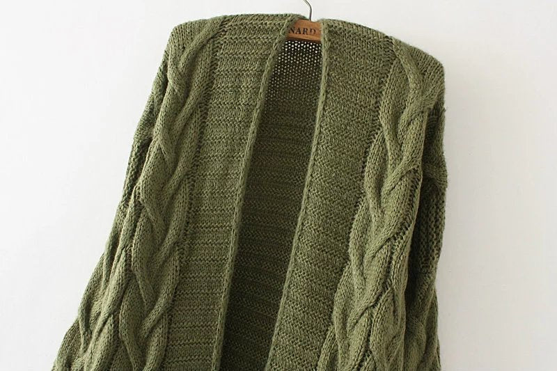 Women Clothing Autumn Winter Twist Knitted Sweater Cardigan Mid-Length Coat