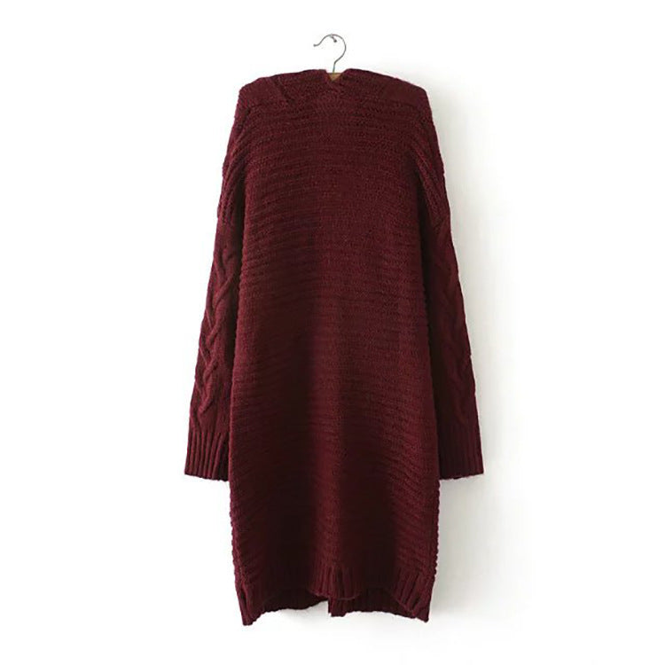 Women Clothing Autumn Winter Twist Knitted Sweater Cardigan Mid-Length Coat