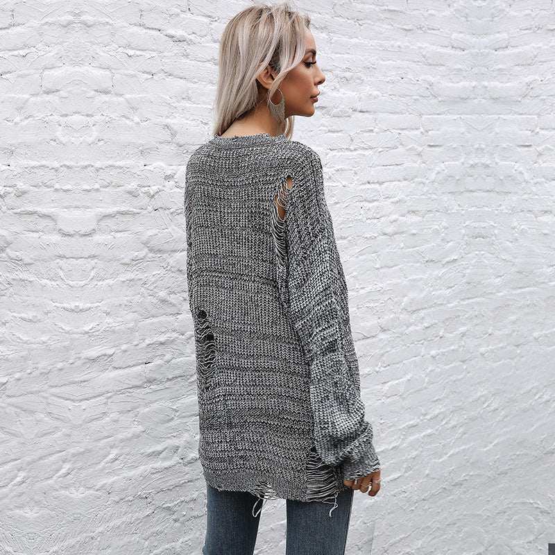 Women Clothing Autumn Mid Length Ripped Solid Color round Neck Sweater Long Sleeve Knitwear