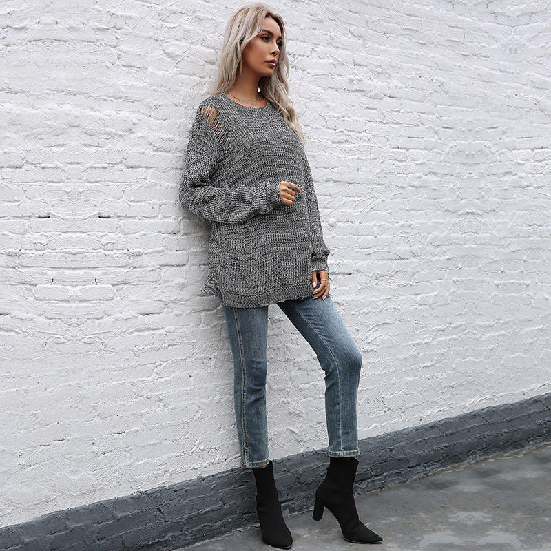 Women Clothing Autumn Mid Length Ripped Solid Color round Neck Sweater Long Sleeve Knitwear