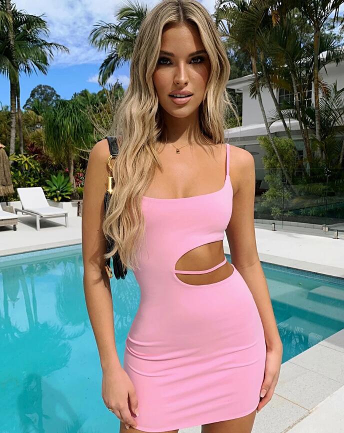 summer Women Black Pink Strap Dress Sexy Slim Cropped Outfit Mini Hip