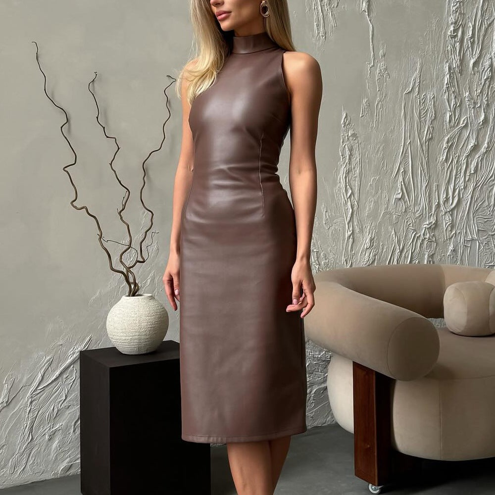 Women Clothing Sleeveless Stand Collar Split Dress Slim Solid Color Faux Leather Dress