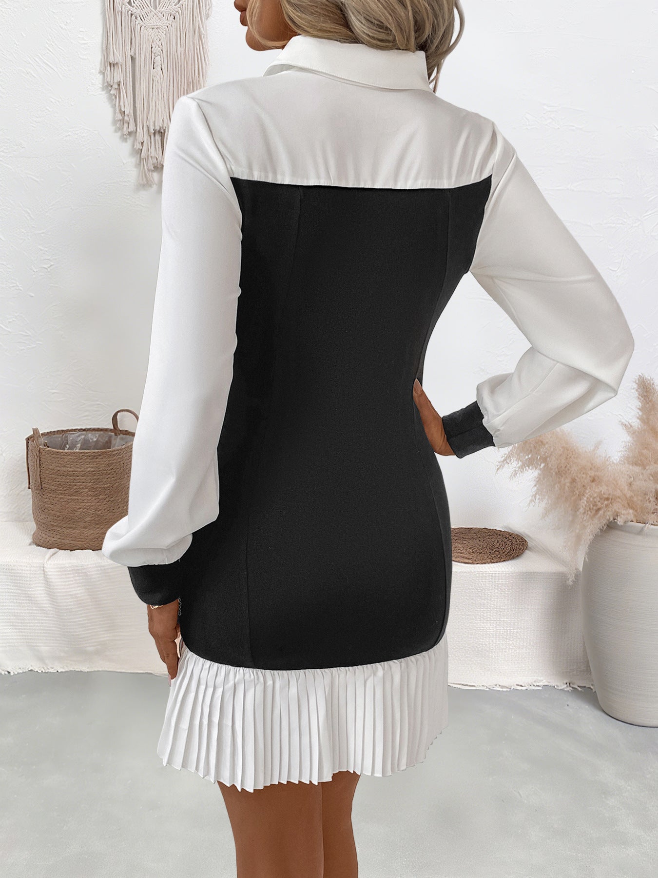 Contrast Color Office Dress Elegant Pleated Stitching Faux Two Piece Collared Dress