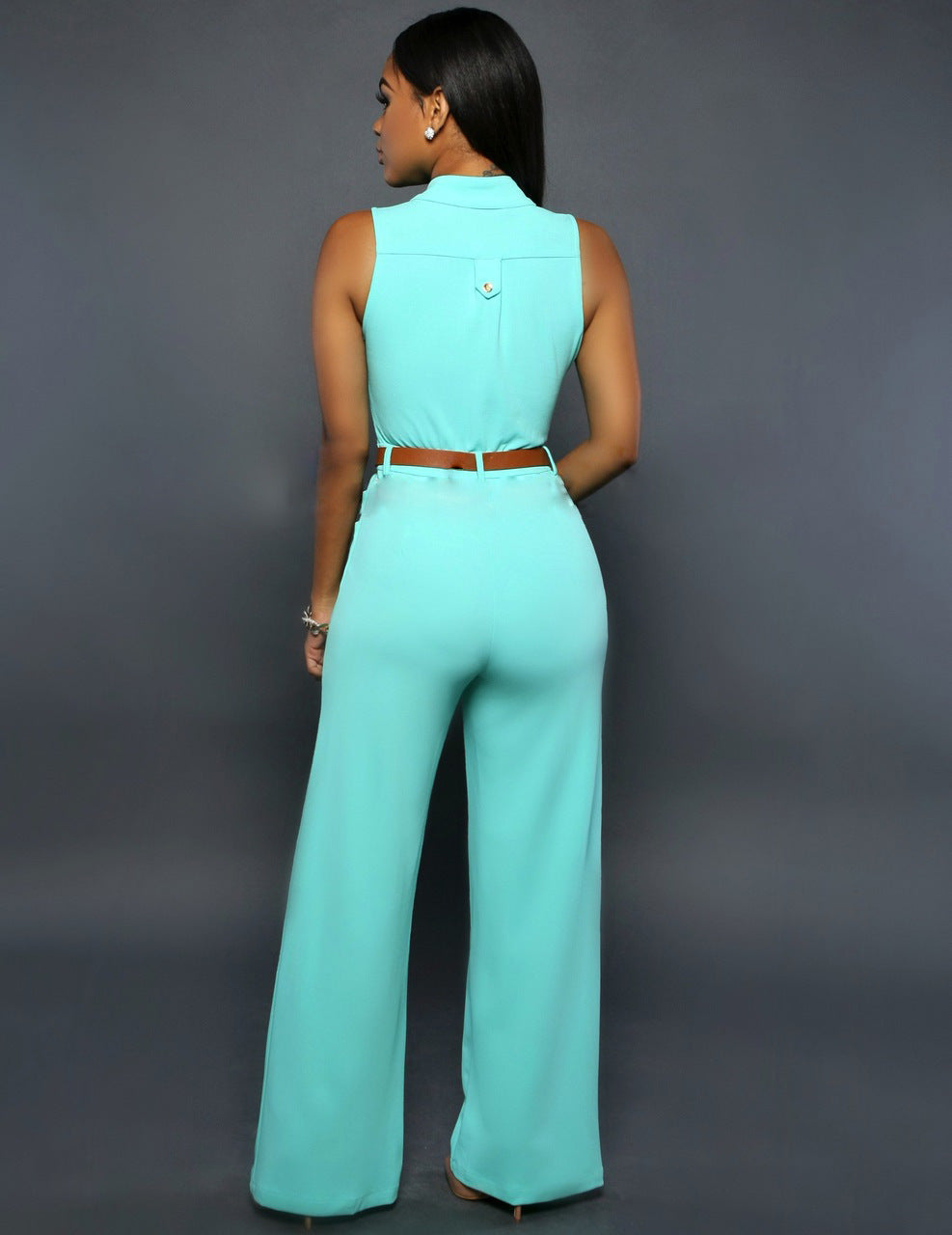 Women Clothing Single Breasted High Waist with Belt Wide Leg Pants Jumpsuit