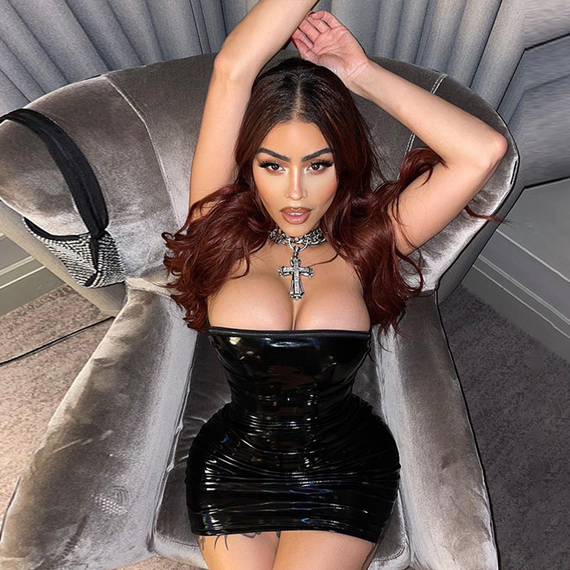 Women Clothing Spring Summer Shiny Surface Personality Horizontal Bra Dress Women Dress