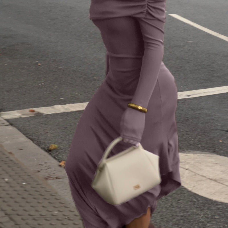Women Clothing Autumn Winter off Shoulder Long Sleeve Slim Solid Color Irregular Asymmetric Dress