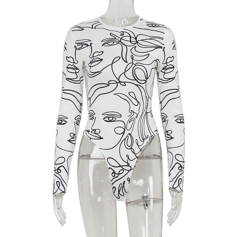 Women Clothing Tight High Waist round Neck Long Sleeve Street Printed Jumpsuit Thin Top Women