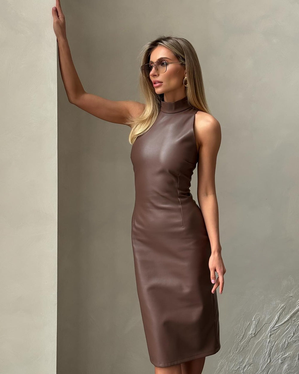 Women Clothing Sleeveless Stand Collar Split Dress Slim Solid Color Faux Leather Dress