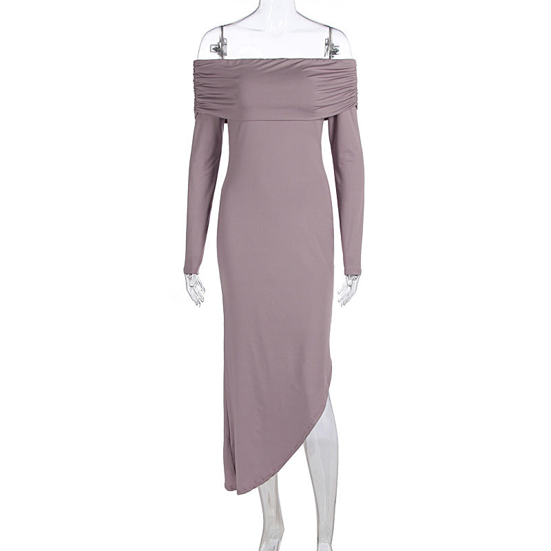 Women Clothing Autumn Winter off Shoulder Long Sleeve Slim Solid Color Irregular Asymmetric Dress