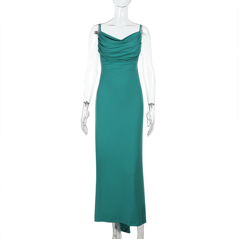 Women Backless Pleated Hip Bag Summer Casual Slim Holiday Maxi Dress