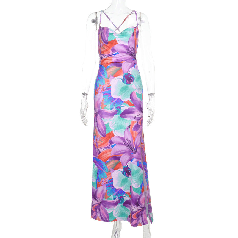 Color Split Dress Backless Printing Slip Dress