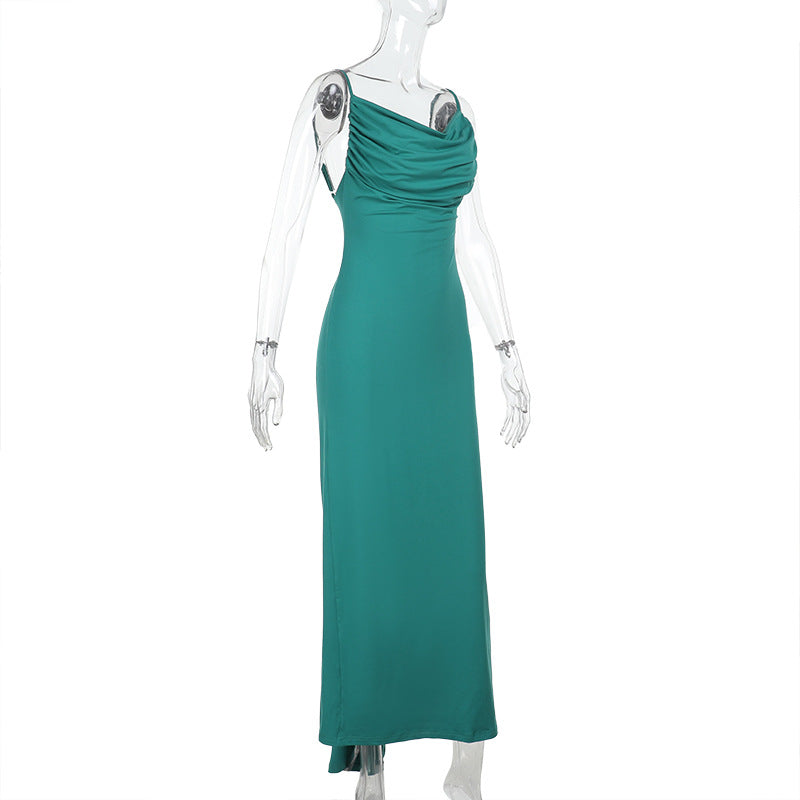 Women Backless Pleated Hip Bag Summer Casual Slim Holiday Maxi Dress