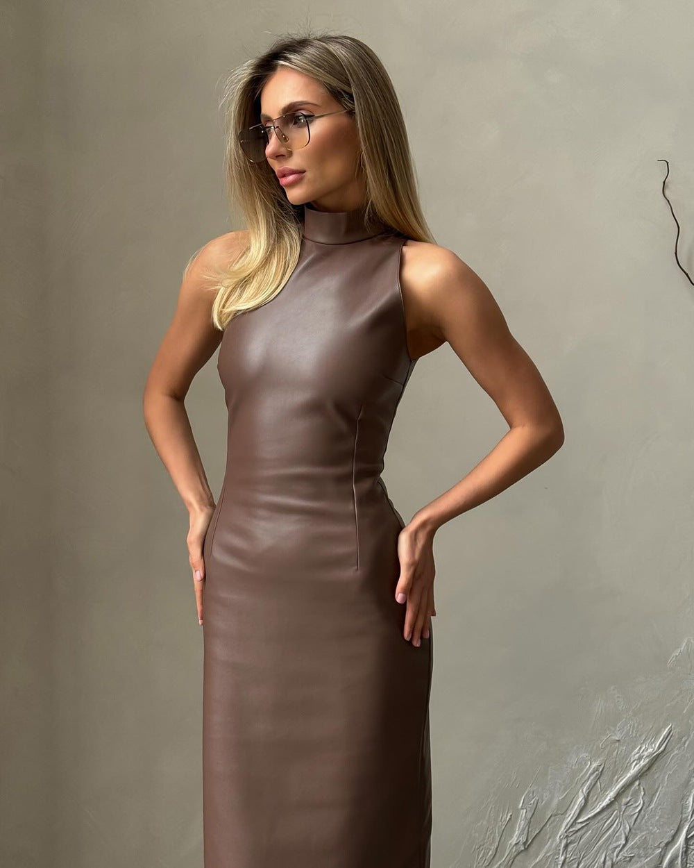 Women Clothing Sleeveless Stand Collar Split Dress Slim Solid Color Faux Leather Dress