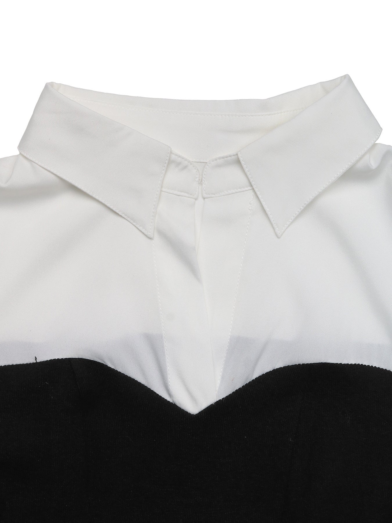 Contrast Color Office Dress Elegant Pleated Stitching Faux Two Piece Collared Dress