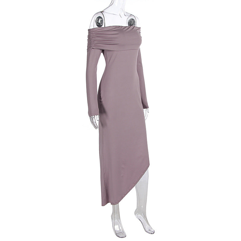 Women Clothing Autumn Winter off Shoulder Long Sleeve Slim Solid Color Irregular Asymmetric Dress