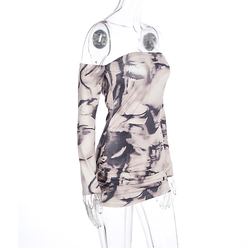 Autumn Winter Tube Top Sleeve off Shoulder Sexy Printed Short Dress Women Clothing