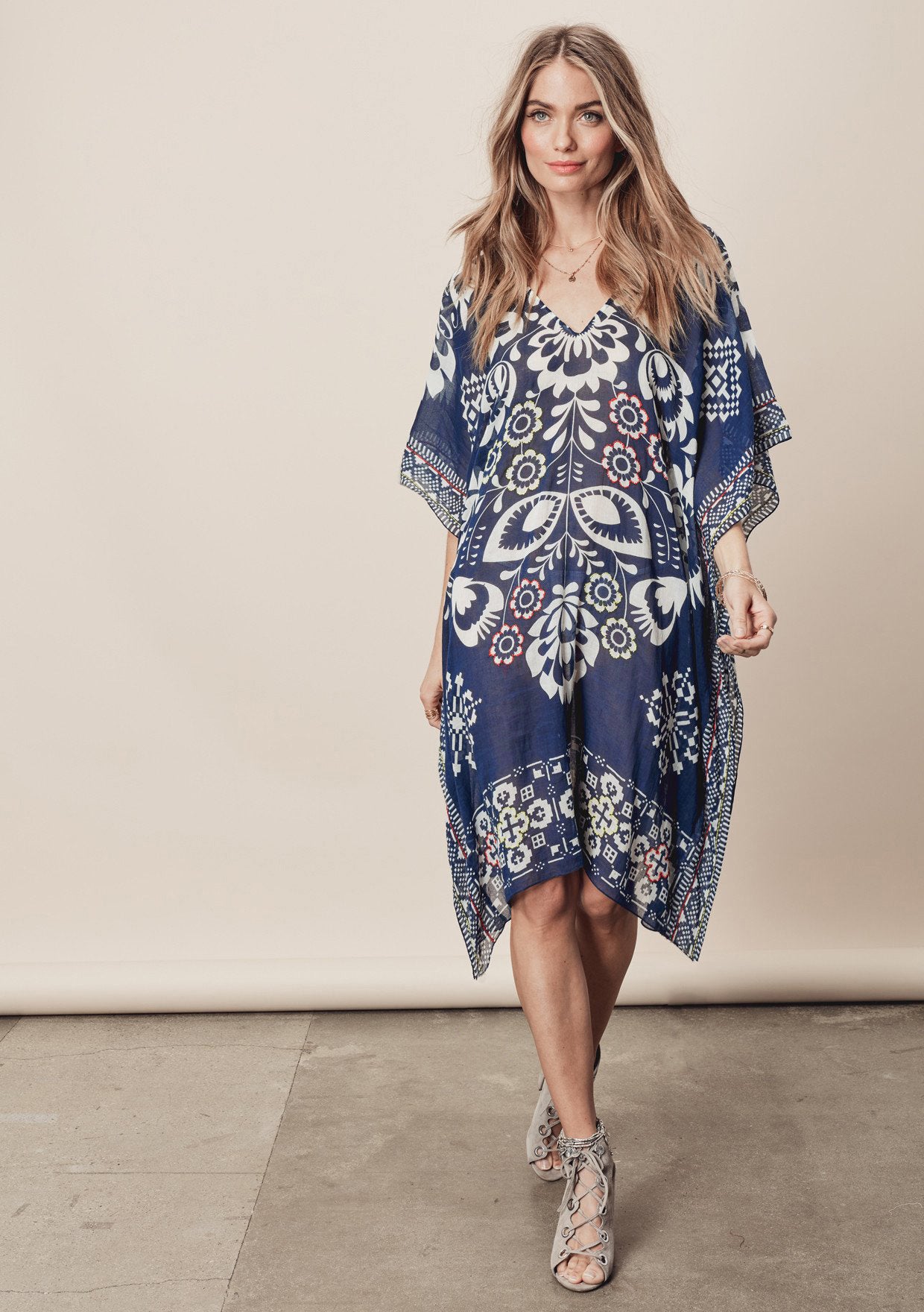 Navy Blue Positioning Floral Chiffon V neck Loose Beach Cover Up Beach Dress Swimwear Cover up Women Cover