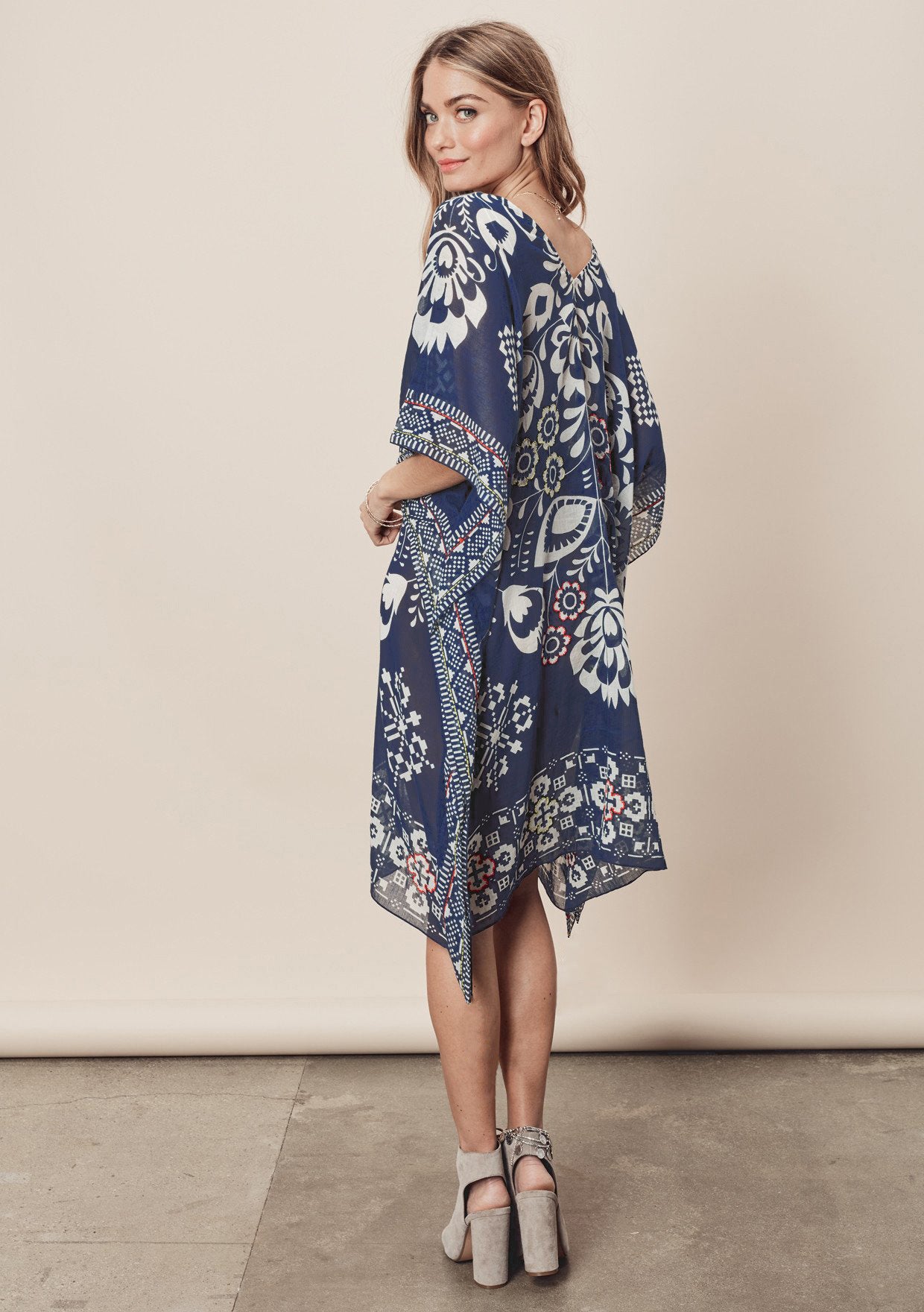 Navy Blue Positioning Floral Chiffon V neck Loose Beach Cover Up Beach Dress Swimwear Cover up Women Cover