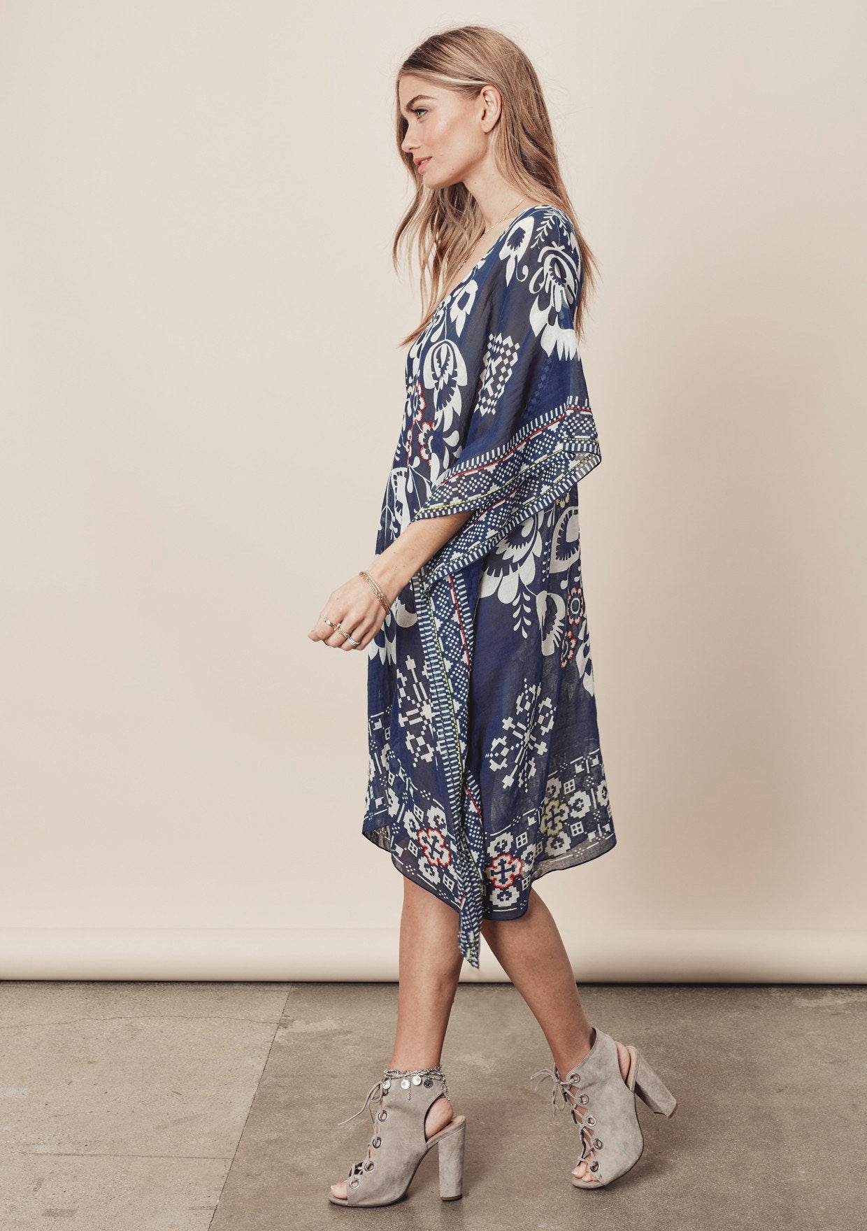 Navy Blue Positioning Floral Chiffon V neck Loose Beach Cover Up Beach Dress Swimwear Cover up Women Cover