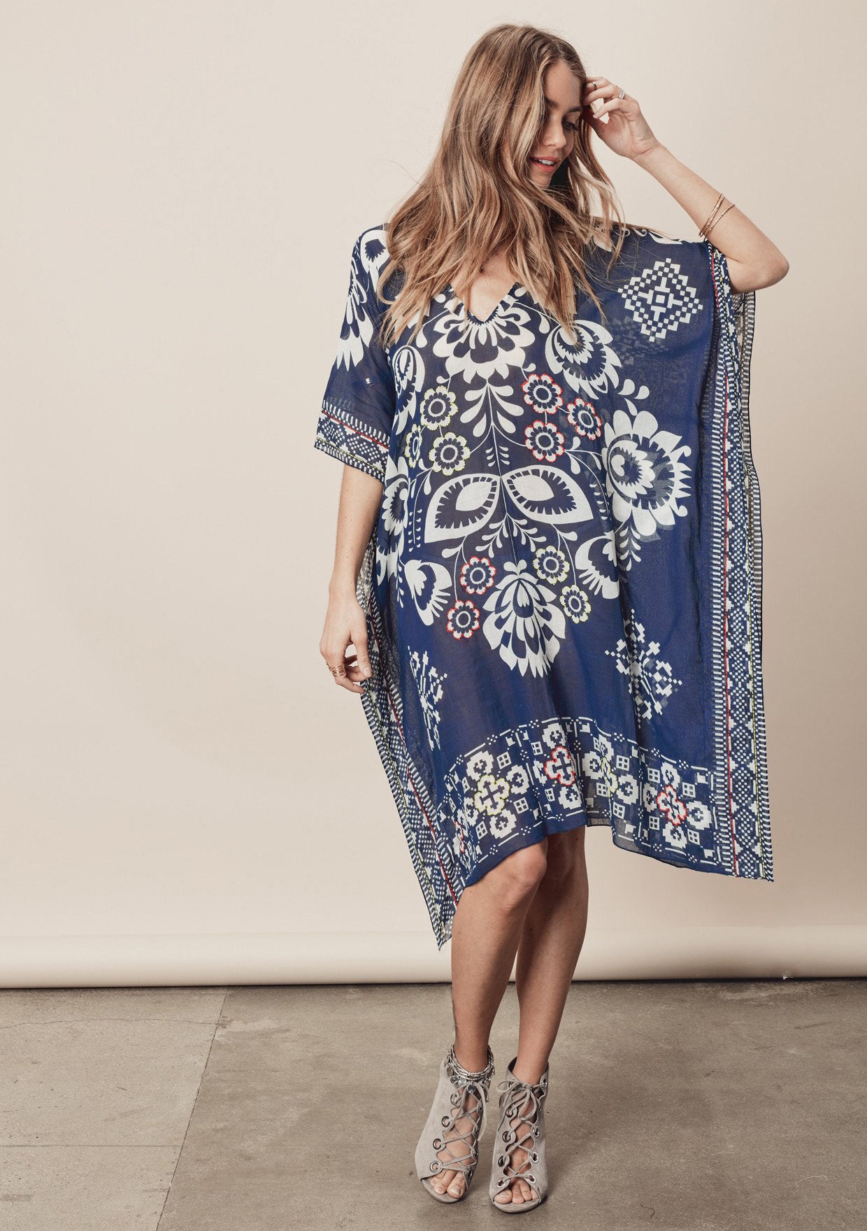 Navy Blue Positioning Floral Chiffon V neck Loose Beach Cover Up Beach Dress Swimwear Cover up Women Cover