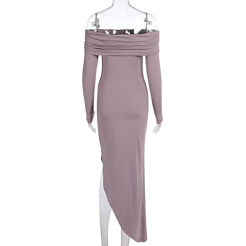 Women Clothing Autumn Winter off Shoulder Long Sleeve Slim Solid Color Irregular Asymmetric Dress
